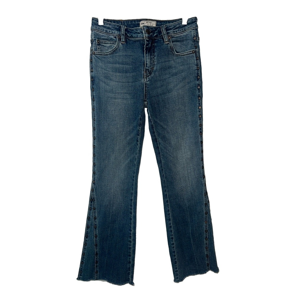 Free People Women's Raw Hem Studded Flare Blue Jeans Size 26